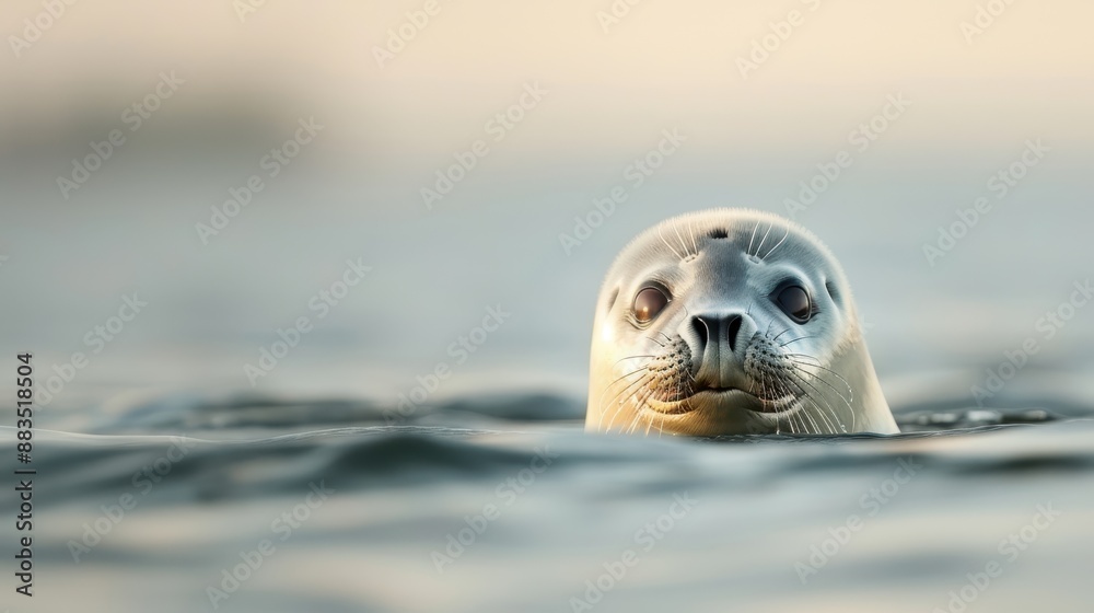 Fototapeta premium A seal peering out of the calm ocean water during a serene sunrise, showcasing the tranquility of marine life in its natural habitat with a soothing color palette.