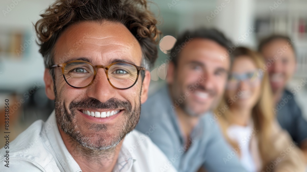 A close-up shot of a man in glasses with a big smile, behind him are three other blurred people in a casual setting, representing happiness and camaraderie. A close-up shot of a man in glasses with a big smile, behind him are three other blurred people in a casual setting, representing happiness and camaraderie.