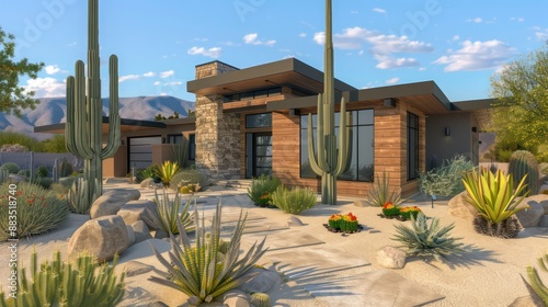 suburban farmhouse with a modern desert oasis theme, featuring cacti landscaping, earth-toned colors, and design elements that are adapted to the arid environment photo