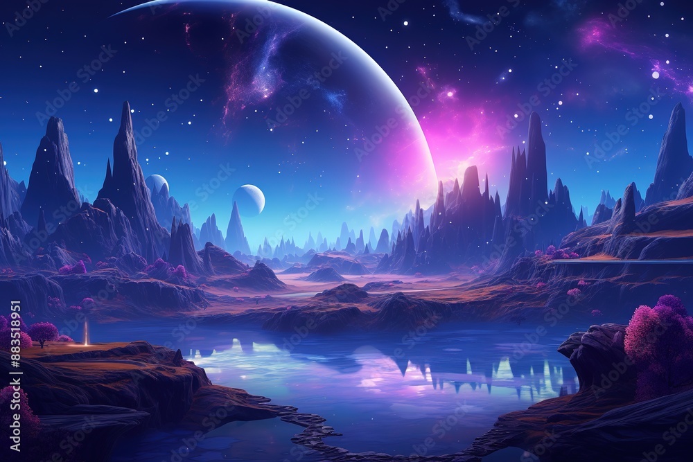 Fototapeta premium night landscape with moon and stars