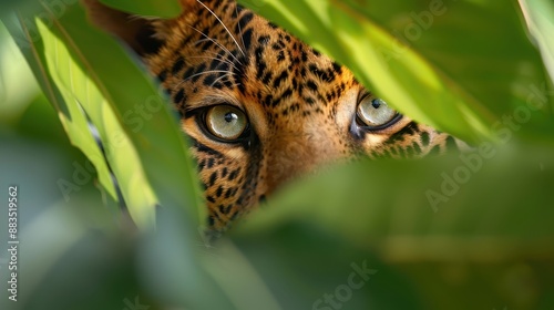 An alert jaguar cautiously peers through thick green leaves, highlighting the predator's keen senses and the rich biodiversity of its jungle habitat in this intimate wildlife portrait. © Pinklife