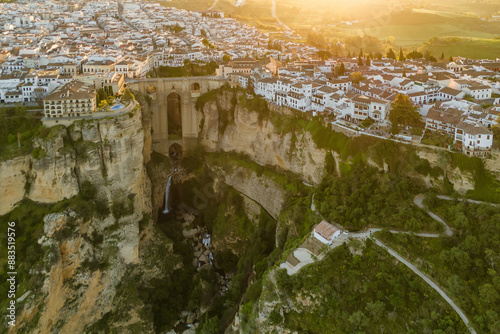 Aerial view of the Ronda medieval town at sunrise, Andalusia, Spain