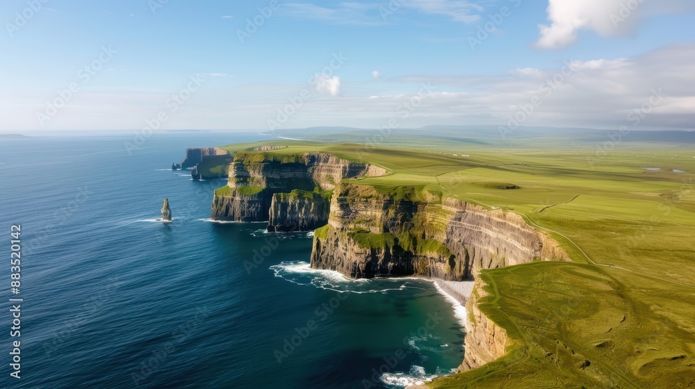 This image features dramatic cliffs meeting a vast ocean under a clear blue sky with scattered clouds, highlighting the striking contrast between earth, sea, and sky. This image features dramatic cliffs meeting a vast ocean under a clear blue sky with scattered clouds, highlighting the striking contrast between earth, sea, and sky.