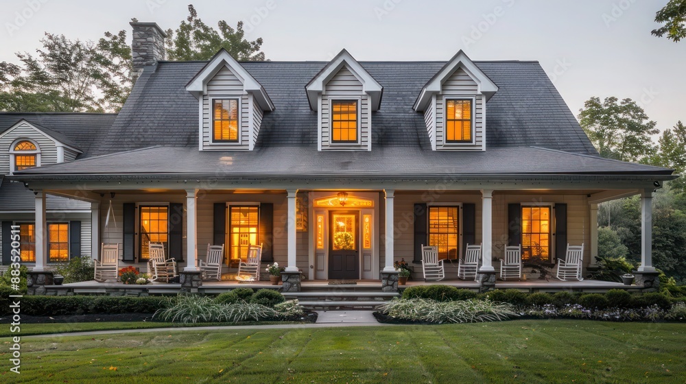 suburban farmhouse with a classic charm, featuring gabled roofs, shuttered windows, and a front porch with traditional rocking chairs suburban farmhouse with a classic charm, featuring gabled roofs, shuttered windows, and a front porch with traditional rocking chairs