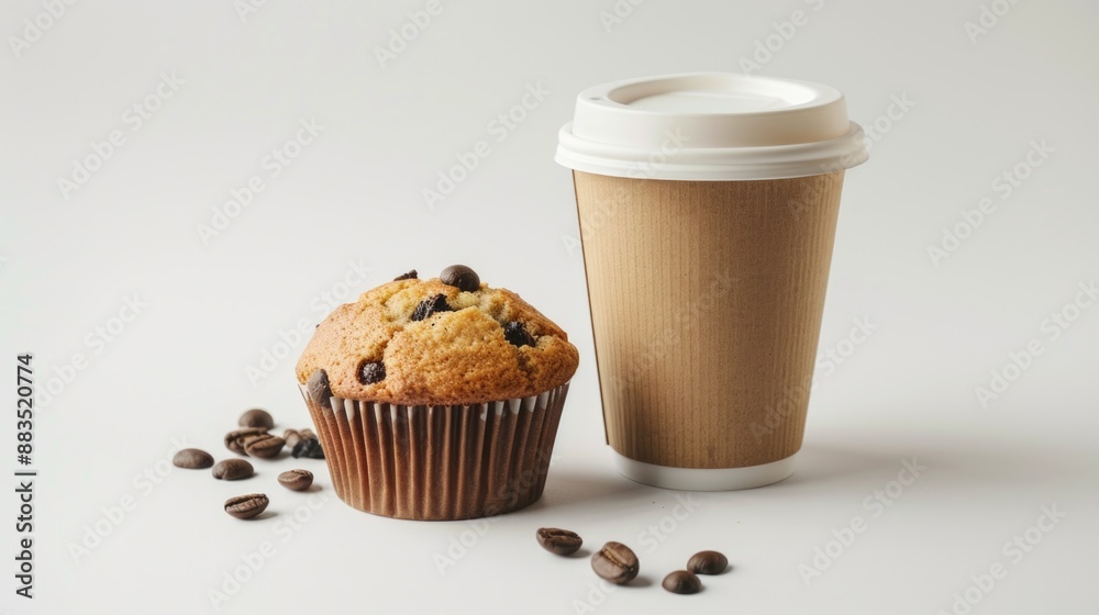 A still life image of a cup of coffee and a muffin on a table, with a warm and inviting atmosphere A still life image of a cup of coffee and a muffin on a table, with a warm and inviting atmosphere