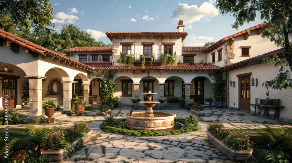 Obraz premium suburban farmhouse with a focus on Spanish hacienda style, featuring a stucco exterior, red tile roof, and an open courtyard with a fountain