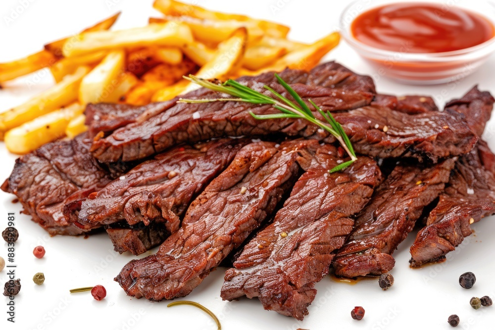 Steak Strips. Closeup of Fried Beef Strips Isolated on White Background Steak Strips. Closeup of Fried Beef Strips Isolated on White Background