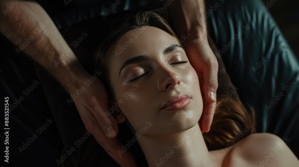 Massage Dark. Beautiful Woman Receiving Therapeutic Neck Massage in Spa with Dark Lighting Massage Dark. Beautiful Woman Receiving Therapeutic Neck Massage in Spa with Dark Lighting