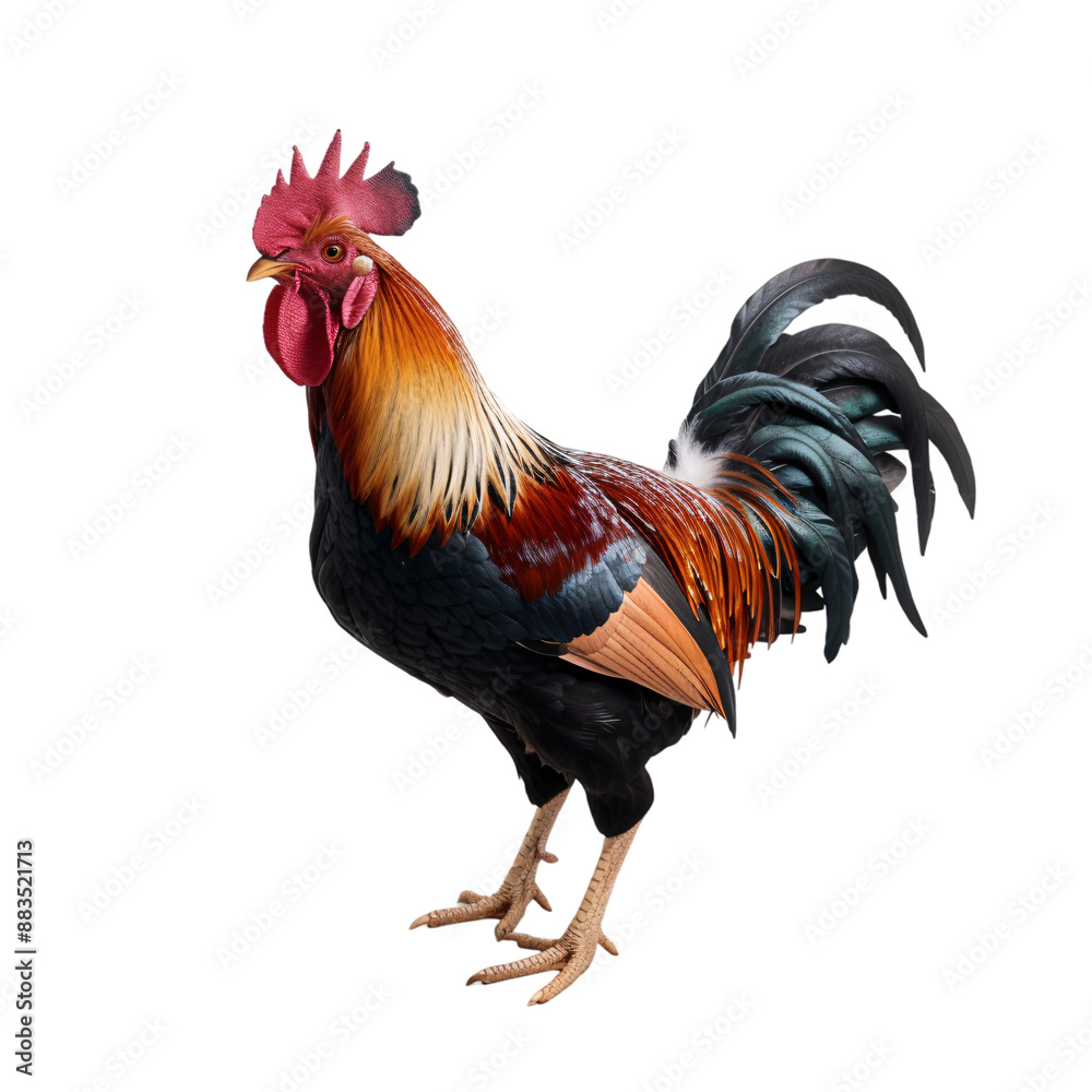 Fototapeta premium Colorful free range male rooster isolated on white background