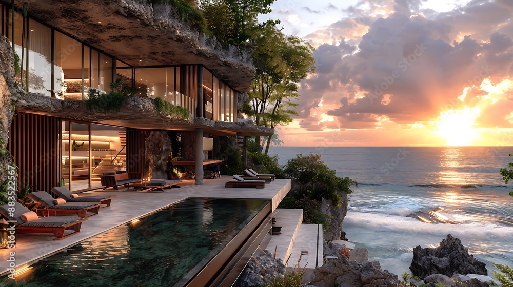 Fototapeta premium Real estate visual depiction of the industrial designs benefits of owning a Beachfront Property focusing on unique features and market appeal