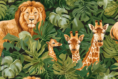 Background with jungle patterns, lions, giraffes, plants and birds photo