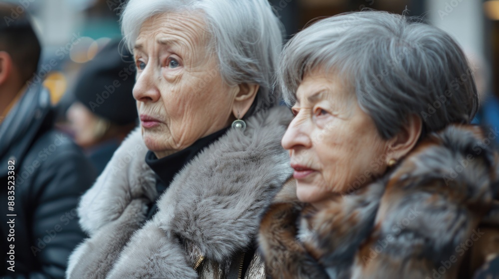 Two elderly females standing side by side, possibly friends or family members Two elderly females standing side by side, possibly friends or family members