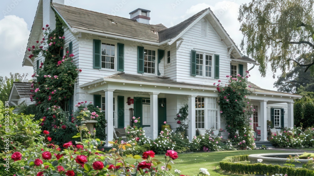 Fototapeta premium suburban farmhouse with an elegant all-white exterior, complemented by green shutters and a meticulously kept rose garden