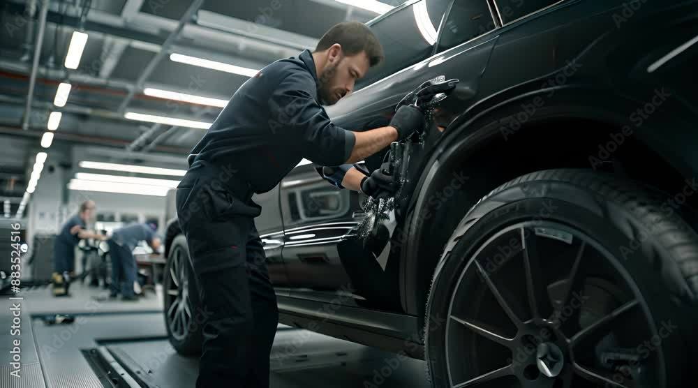An energetic and professional mechanic in blue overalls is working on the car's An energetic and professional mechanic in blue overalls is working on the car's