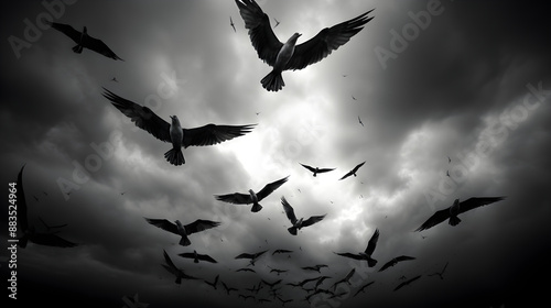 Black and White Elegance: A Majestic Capture of Feathered Freedom Soaring Across a Dynamic Sky photo