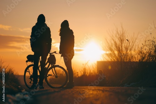 Silhouettes of two people with a bicycle at sunset, enjoying a peaceful moment on a rural path.