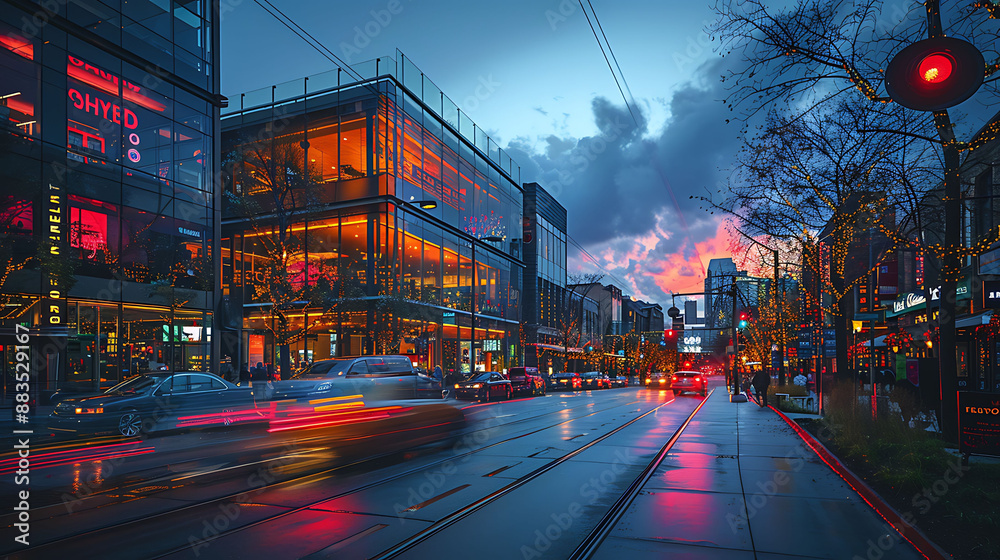Fototapeta premium Urban cityscape at twilight with glowing commercial buildings, busy city street traffic motion blur, modern architecture evening skyline, metropolis street photography for commercial design