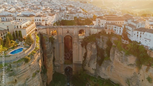 Aerial view of the Ronda medieval town at sunrise, Andalusia, Spain