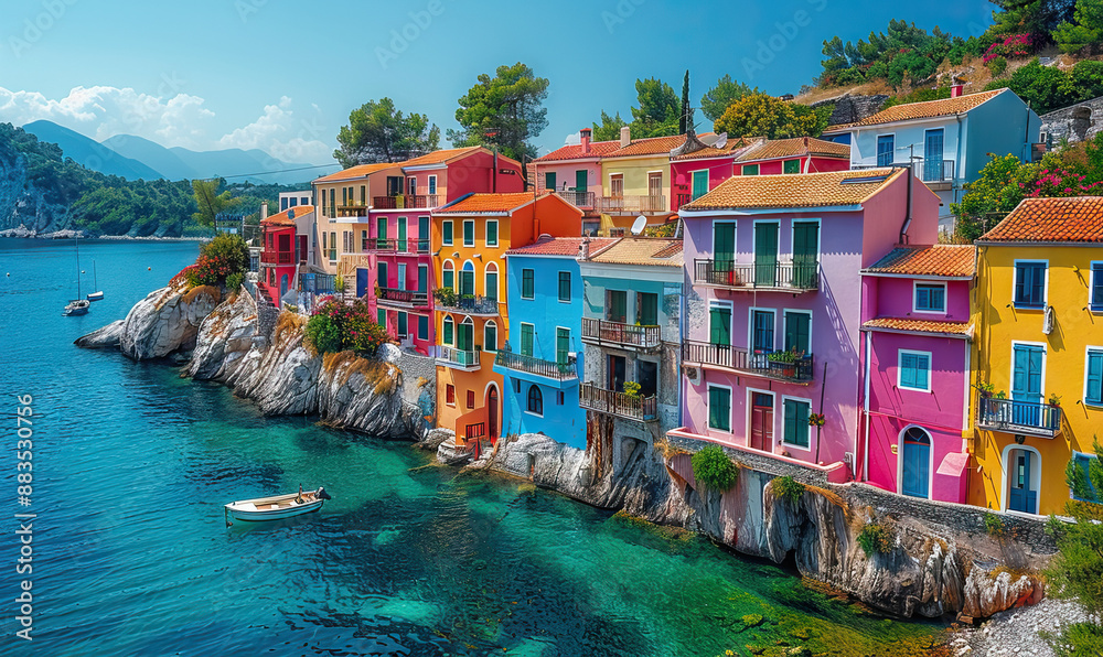Obraz premium mediterranean style village on the sea in summer, marine tourism in europe, beautiful sky with sun clouds