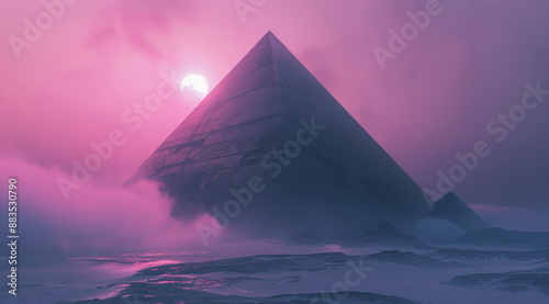 Mystical pyramids in a foggy landscape with glowing pink sky
