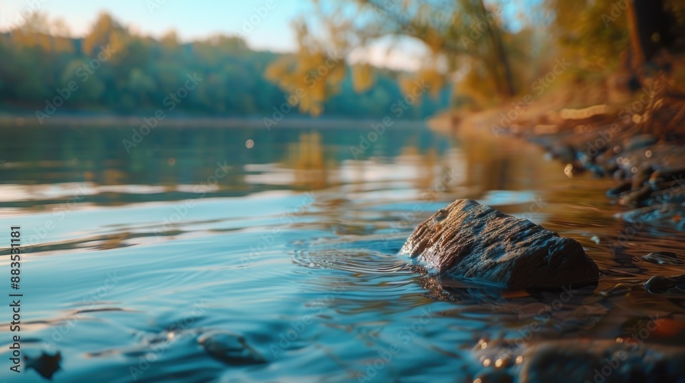 Obraz premium A large rock protruding from the surface of calm water, suitable for use as a background or texture
