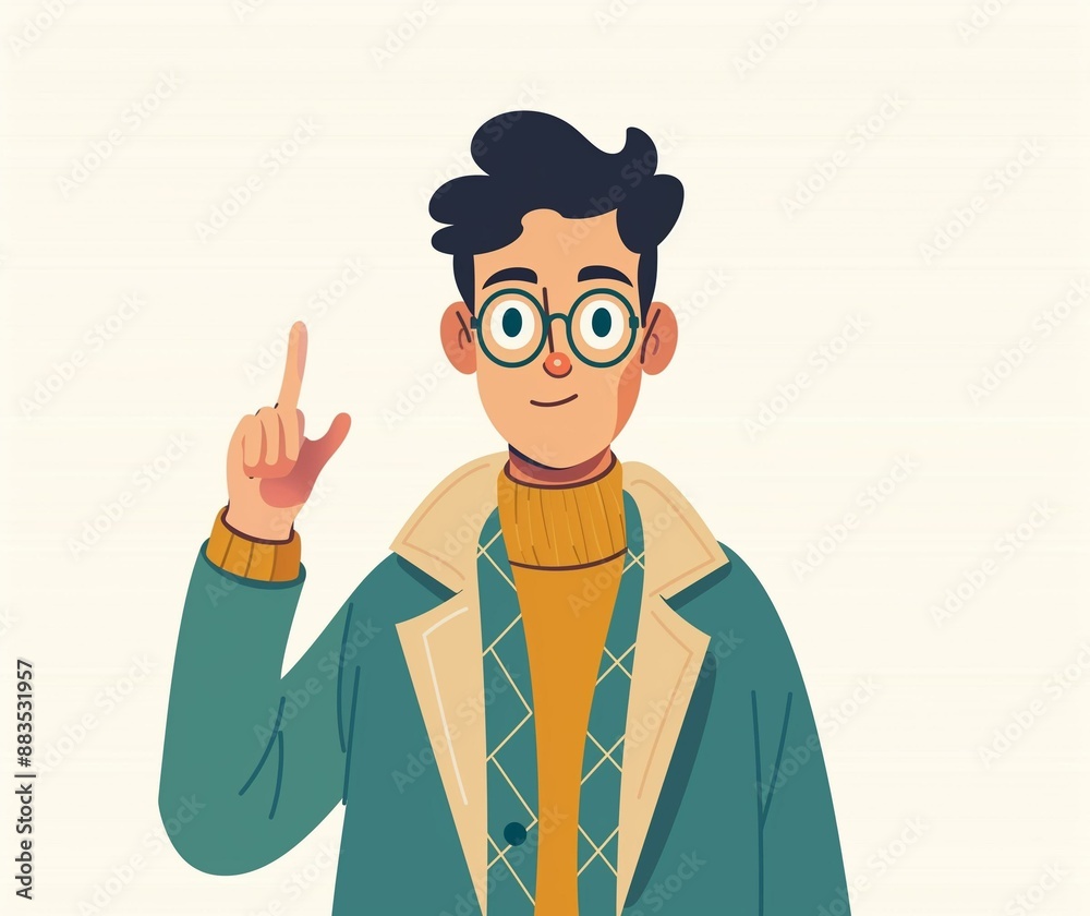 Happy Young Man in Glasses Illustration Pointing Upwards for Tutorial or Educational Use Happy Young Man in Glasses Illustration Pointing Upwards for Tutorial or Educational Use