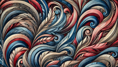 A close-up of a digital illustration depicting a vibrant, abstract floral pattern. Intertwining blue, red, and beige swirls create a dynamic and visually captivating design