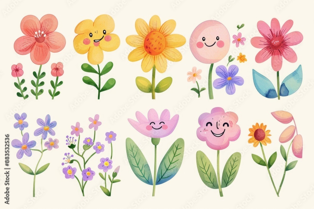 A bouquet of colorful flowers with faces drawn onto each one, offering a playful and whimsical visual effect A bouquet of colorful flowers with faces drawn onto each one, offering a playful and whimsical visual effect