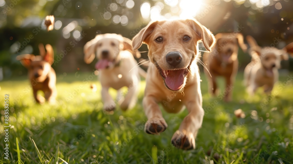 Group of adorable puppies joyfully running together on a grassy field, filled with energy and happiness, capturing a delightful moment of pet enthusiasm. Group of adorable puppies joyfully running together on a grassy field, filled with energy and happiness, capturing a delightful moment of pet enthusiasm.