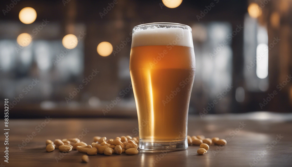 Craft beer in a frosty pint glass with a side of peanuts in a trendy brewery Craft beer in a frosty pint glass with a side of peanuts in a trendy brewery
