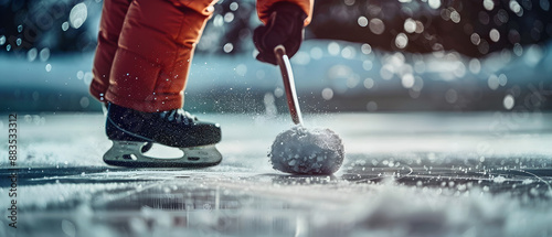 A curler diligently sweeps the ice, clearing a path for the stone in competition. photo