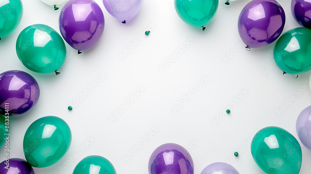A frame with a balloon banner in green and purple colors on a white background, offering empty space to place text. A frame with a balloon banner in green and purple colors on a white background, offering empty space to place text.