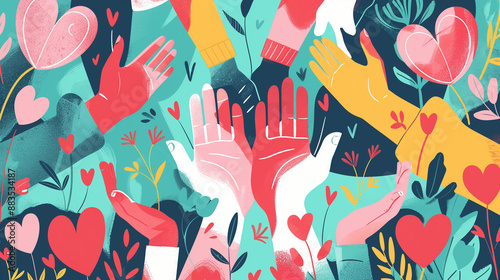 Charity graphic concept with abstract silhouettes, diverse people, hands and hearts. Illustrating solidarity, compassion and readiness to help.