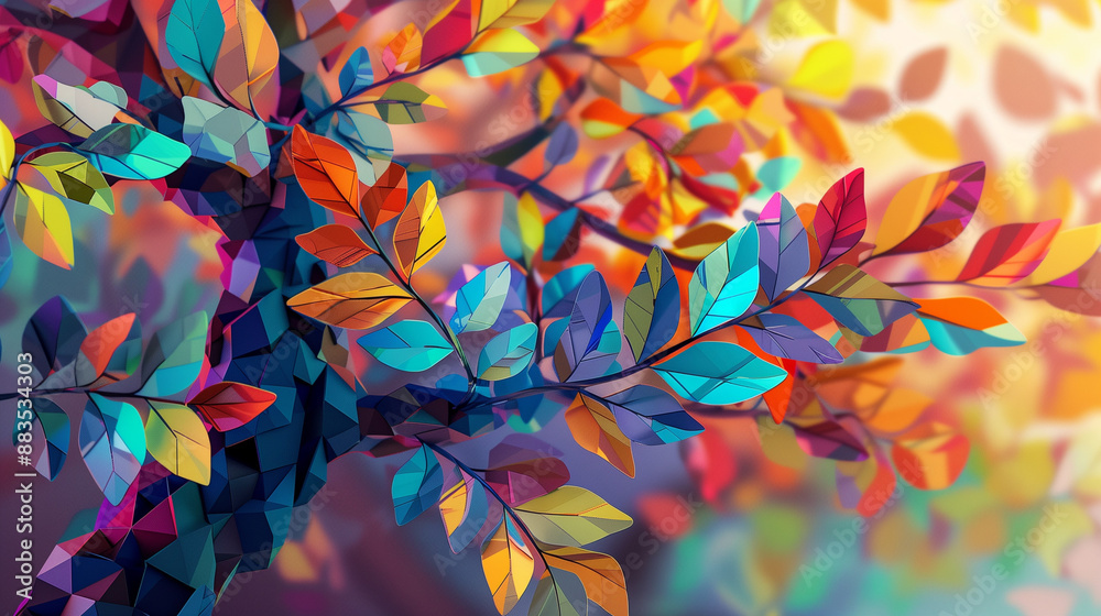 A tree with floral motifs, each branch decorated with multi-colored leaves. The branches are suspended in space, which gives the painting a feeling of movement and lightness. A tree with floral motifs, each branch decorated with multi-colored leaves. The branches are suspended in space, which gives the painting a feeling of movement and lightness.