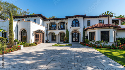 The front view shows a stunning Spanish-style home with contrasting white and black details.