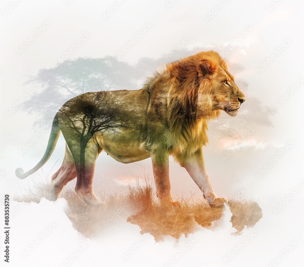 Double exposure of a lion walking through the savannah, blending wildlife and nature. Ideal for artistic and conceptual themes. Double exposure of a lion walking through the savannah, blending wildlife and nature. Ideal for artistic and conceptual themes.
