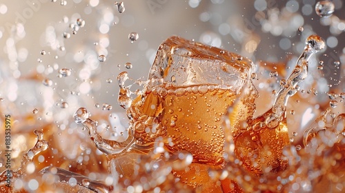 Soda with Ice. Close up of the ice cubes in cola water. Texture of carbonate drink with  photo