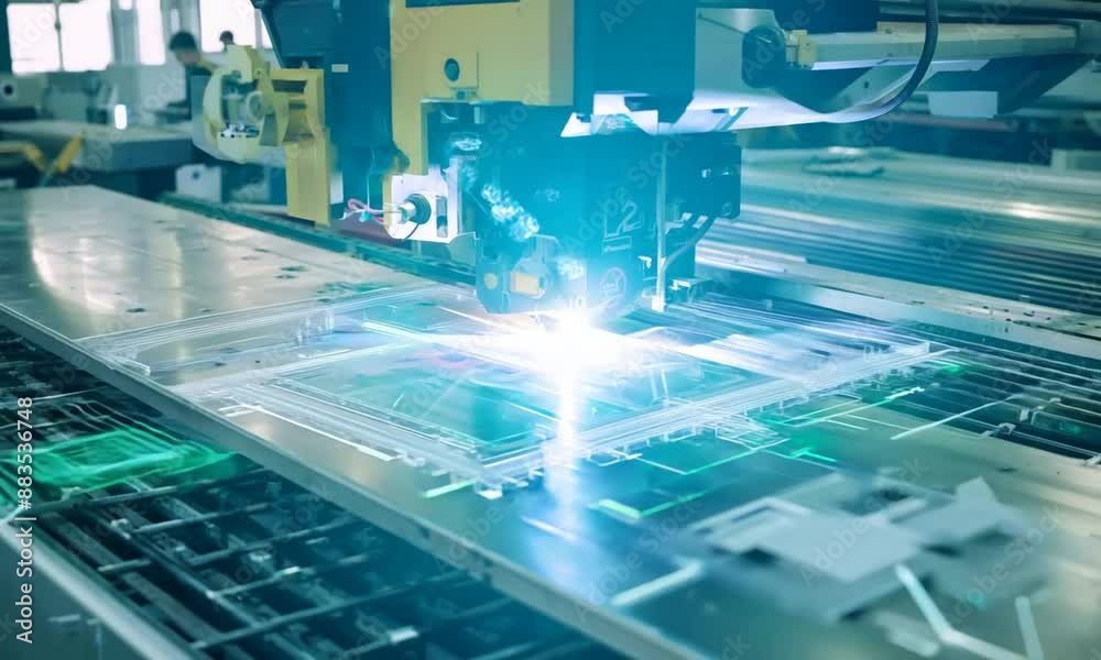 an industrial laser machine in action, cutting the metal sheet an industrial laser machine in action, cutting the metal sheet