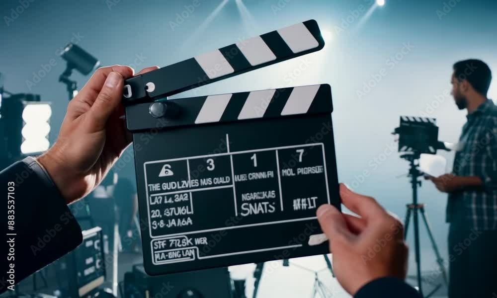 A film clapperboard held in front of the camera on set by an actor