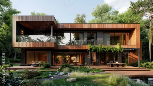 A contemporary wooden home with an opulent exterior photo