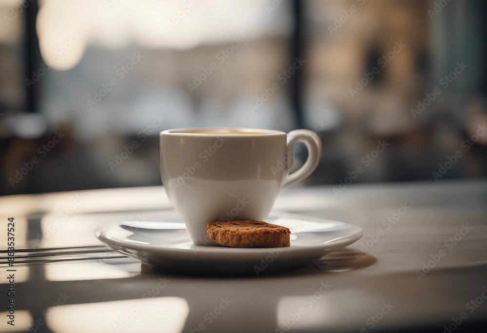 Espresso shot in a small porcelain cup with a biscotti in an elegant Italian cafe Espresso shot in a small porcelain cup with a biscotti in an elegant Italian cafe