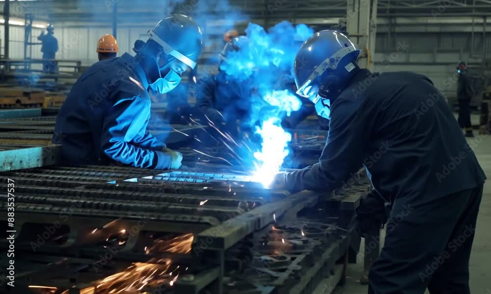 Workers welding steel frames for construction in the factory