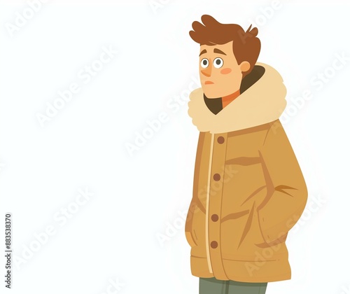 Illustration of a Thoughtful Young Man in Winter Coat - Character Design.