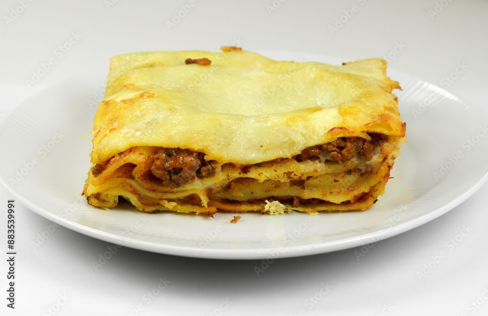 Portion of tasty lasagna, isolated on white Portion of tasty lasagna, isolated on white