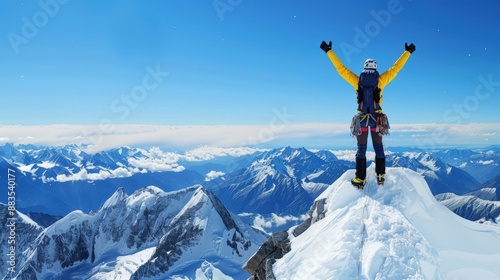 Climber reaching the summit of a snow-covered peak, celebrating their victory with arms raised against a backdrop of endless mountain ranges and a clear blue sky.