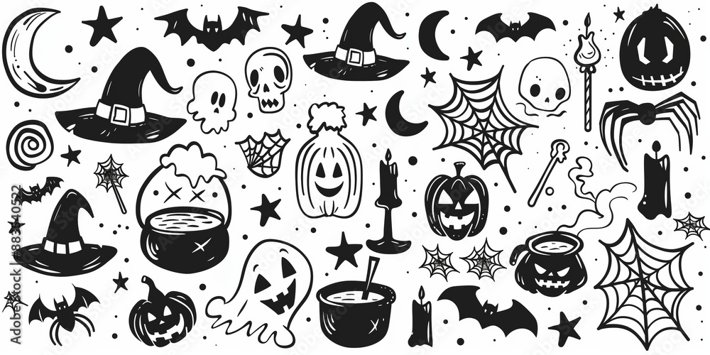 Fototapeta premium A festive Halloween-themed doodle collection featuring various spooky elements. Includes witch hats, skulls, pumpkins, bats, spiders, cauldrons, candles, stars, spider webs, moons, ghosts, and other.