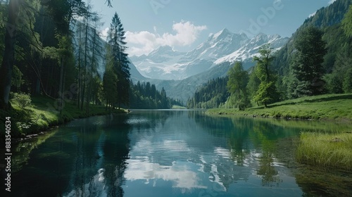 A serene alpine lake surrounded by evergreen trees, snow-capped peaks in the background, and crystal-clear water reflecting the scenery.