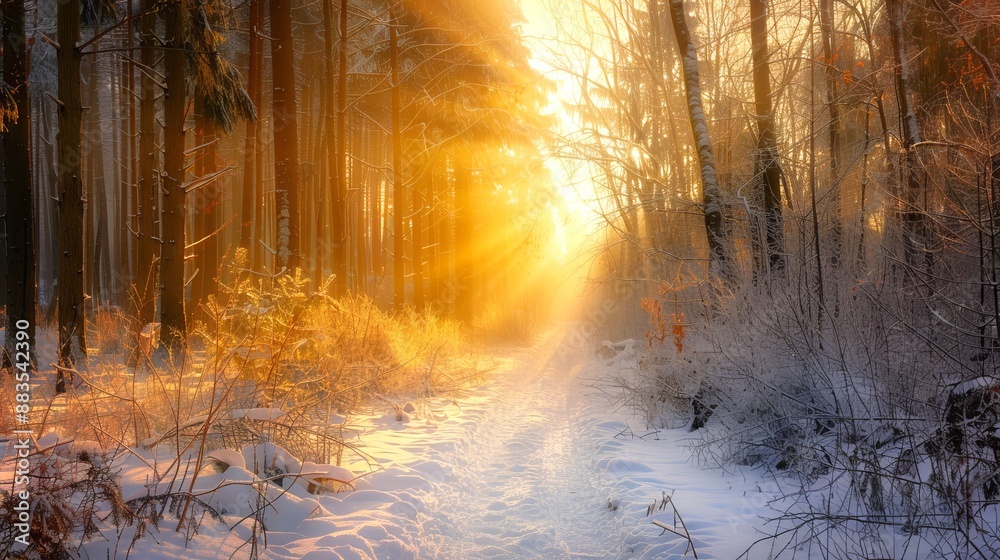 Naklejka premium Sunrise Breaking Through Winter Forest; Concept of Morning Light, Snowy Woods, Winter Nature, Serene Landscape
