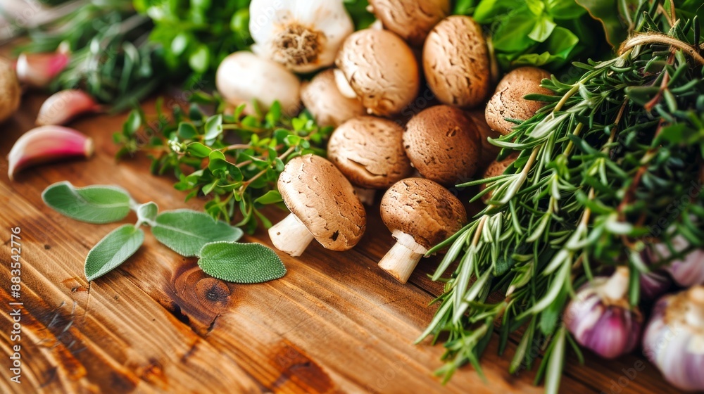 Fresh mushrooms on rustic wooden table with herbs and garlic. Concept of culinary ingredients, cooking, agriculture, nature Fresh mushrooms on rustic wooden table with herbs and garlic. Concept of culinary ingredients, cooking, agriculture, nature