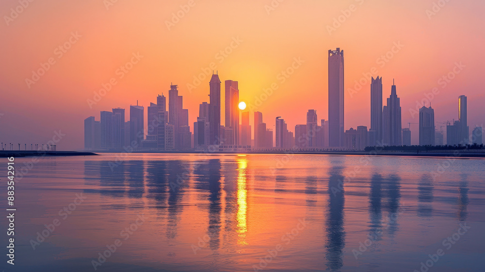 Obraz premium Iconic Landmarks: Notable structures such as the Etihad Towers and the Sheikh Khalifa Bridge stand majestically, their architectural elegance enhanced by the warm glow of the setting sun. 